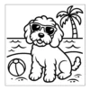 Puppy wearing sunglasses at beach.