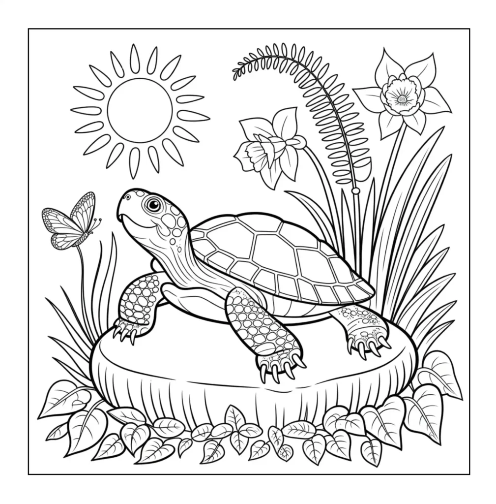 Turtle resting on garden stone.