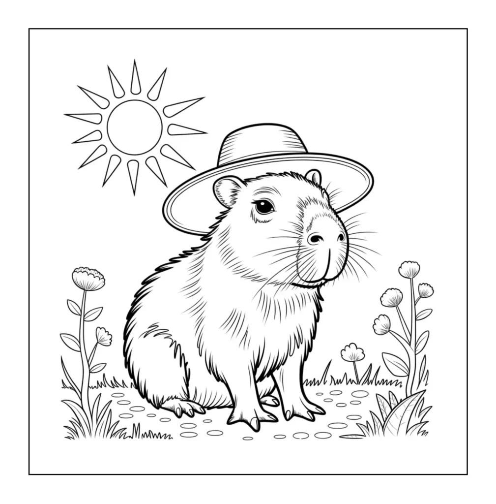 Capybara wearing hat in sunny meadow.