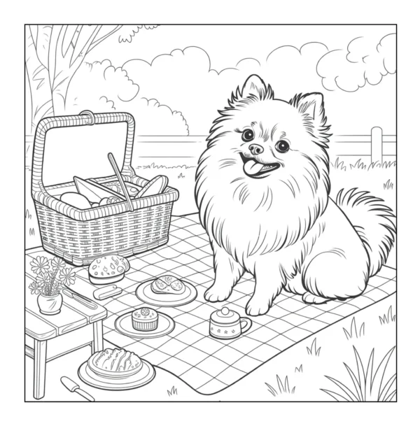 Fluffy dog sitting on picnic blanket.