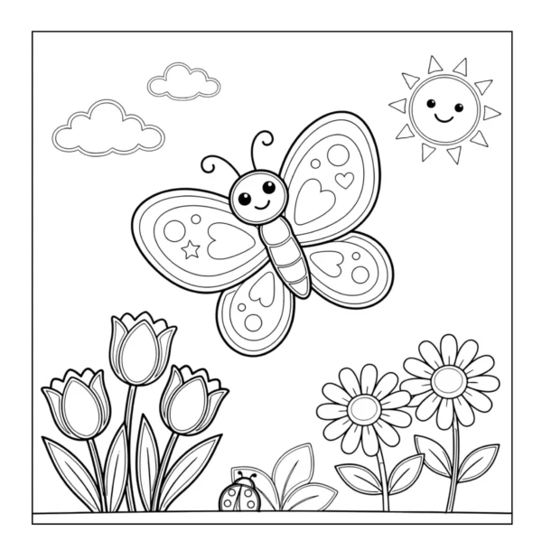 Butterfly flying in sunny garden.