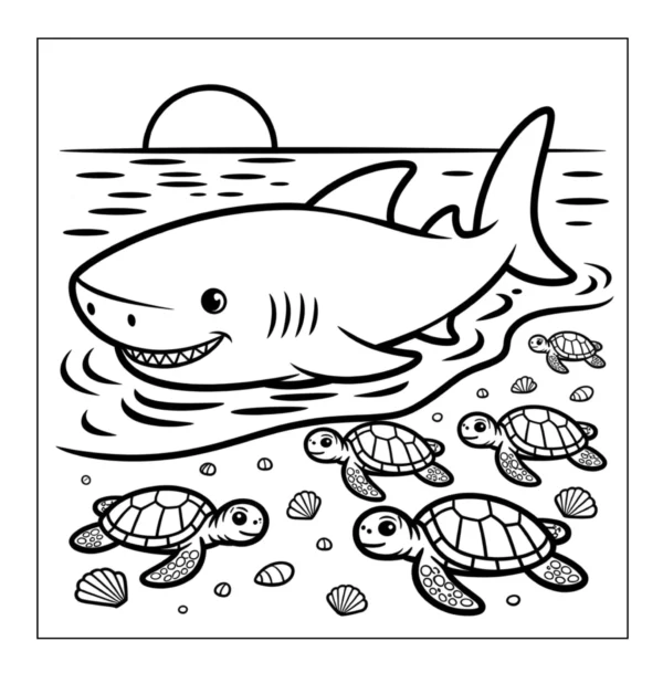 Shark swimming with baby sea turtles.