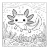 Axolotl swimming underwater with bubbles.