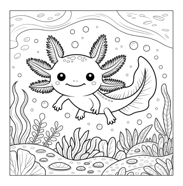 Axolotl swimming underwater with bubbles.
