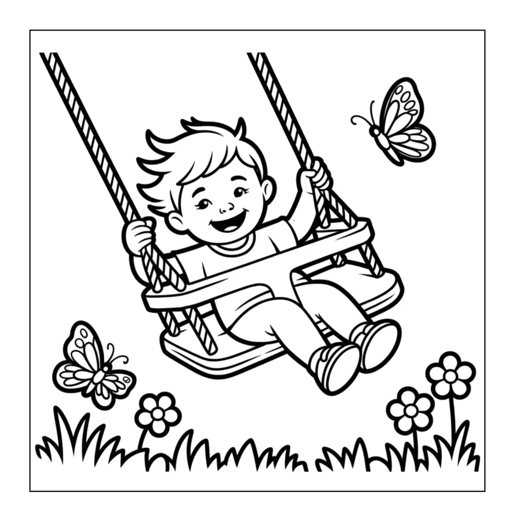 Happy child swinging in the garden.