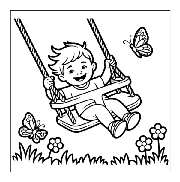 Happy child swinging in the garden.