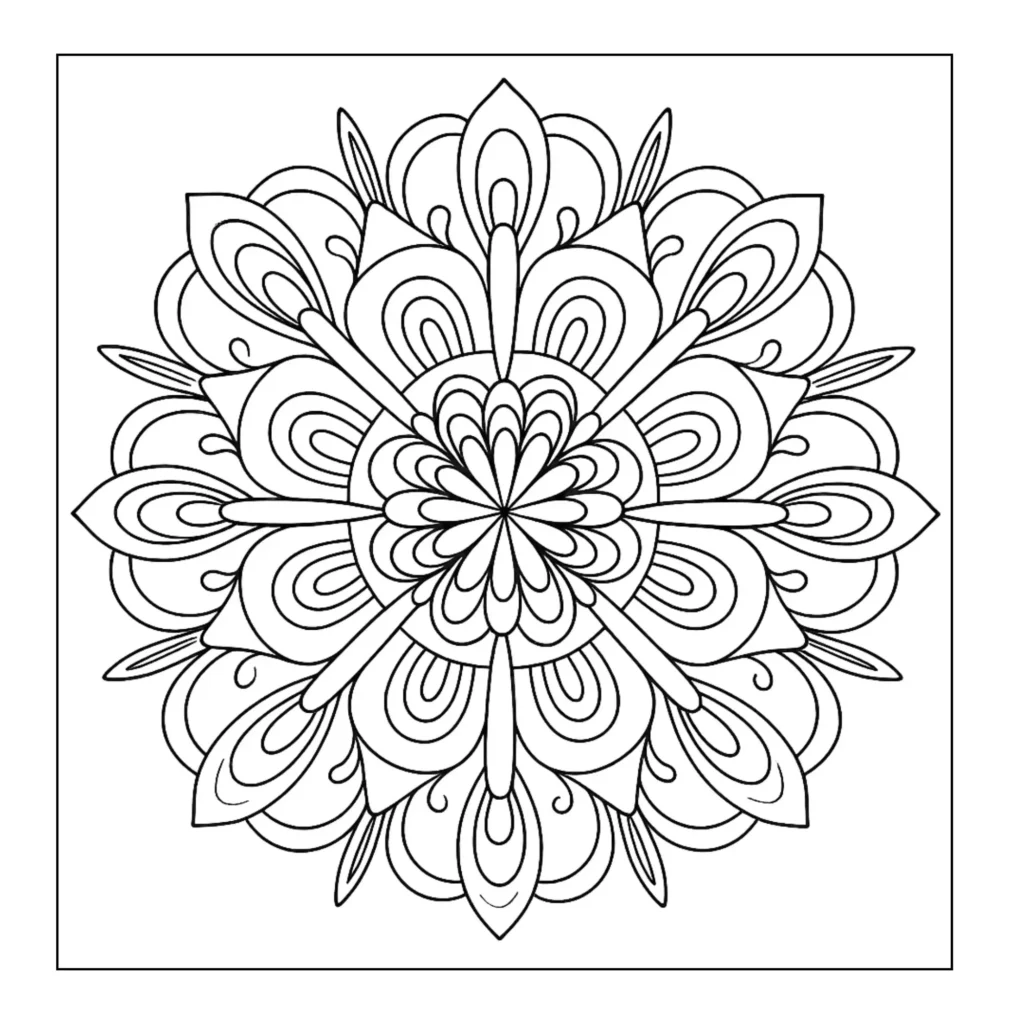 Symmetric flower mandala coloring page.