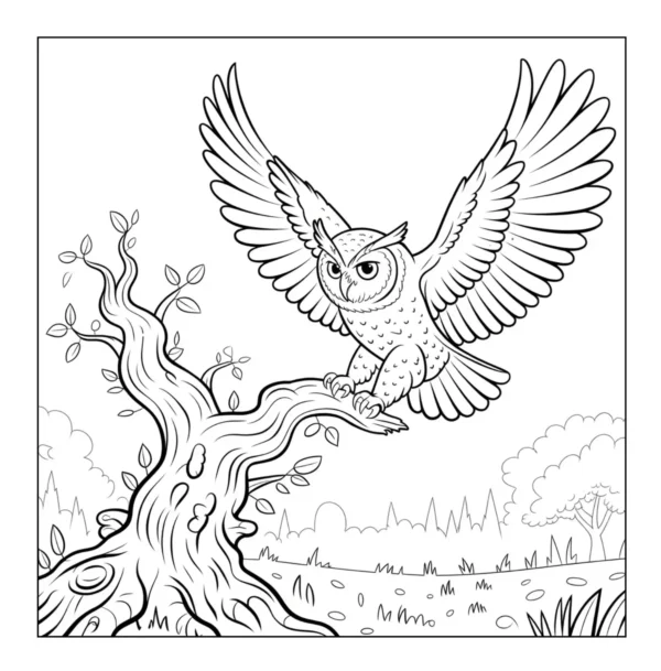 Owl perched on tree branch.