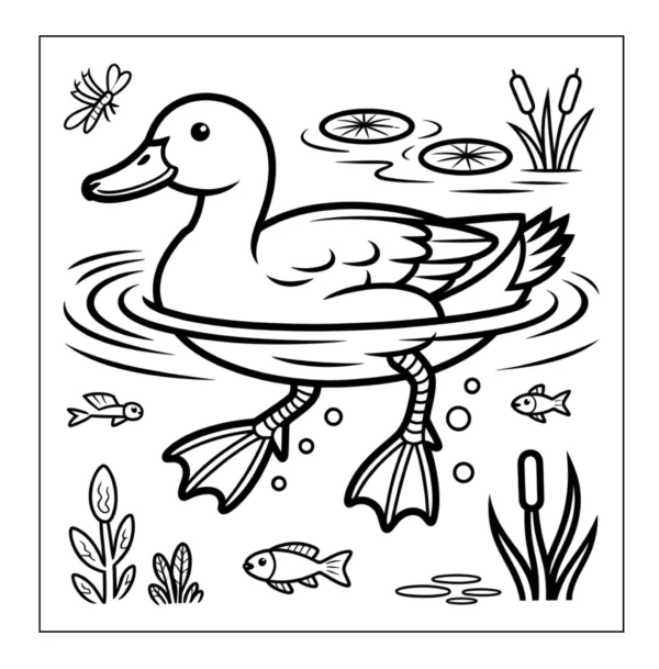 Duck swimming underwater with fish.