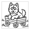 Puppy riding in a wooden wagon.