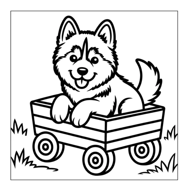 Puppy riding in a wooden wagon.