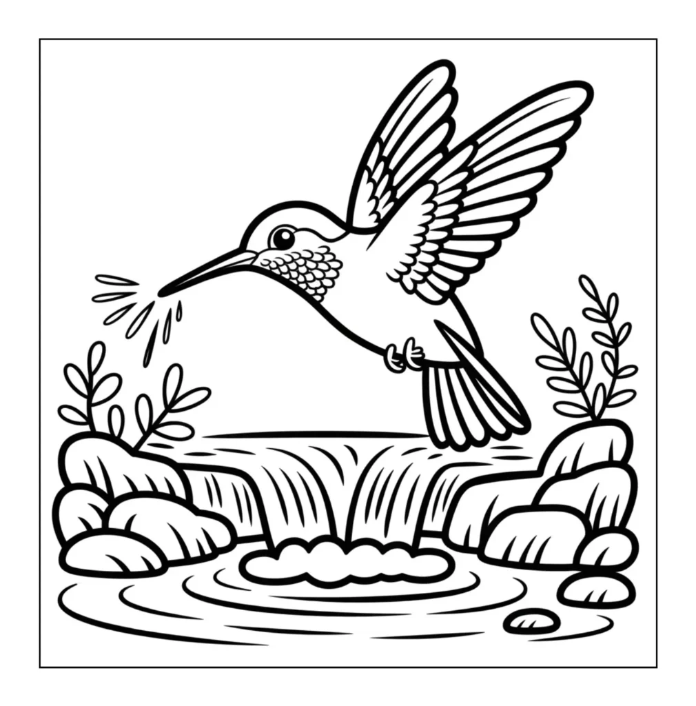 Hummingbird drinking water from waterfall.