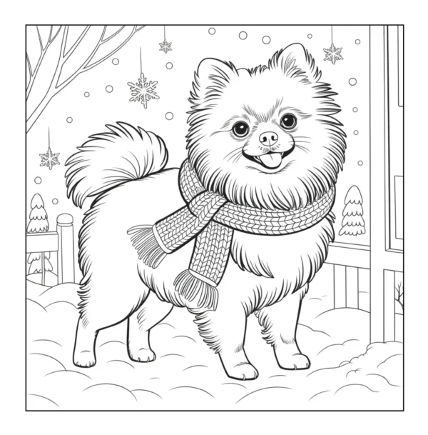 Fluffy dog wearing winter scarf.