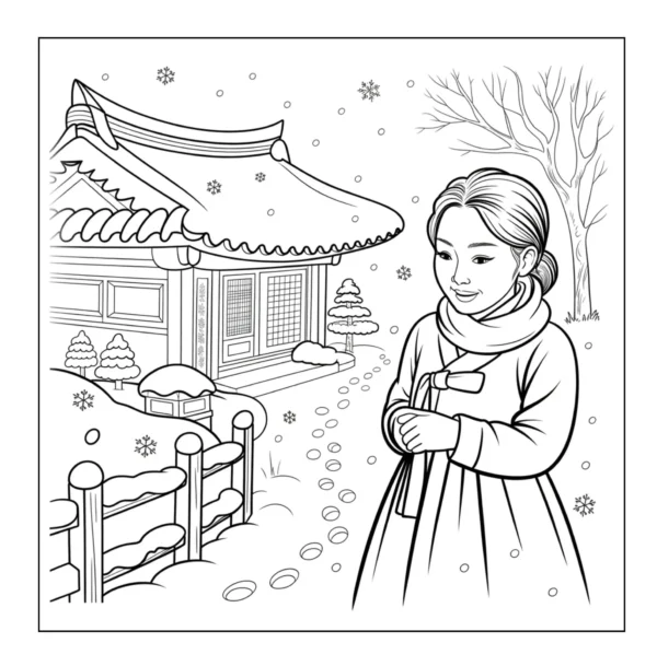 Winter Temple Walk Woman walking in snowy temple courtyard.