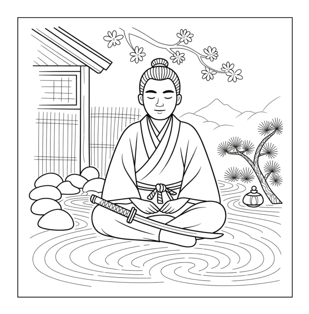 Samurai meditating in zen garden.