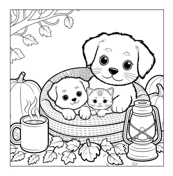 Cute animals in autumn basket.