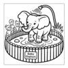 Baby elephant bathing with kids watching.
