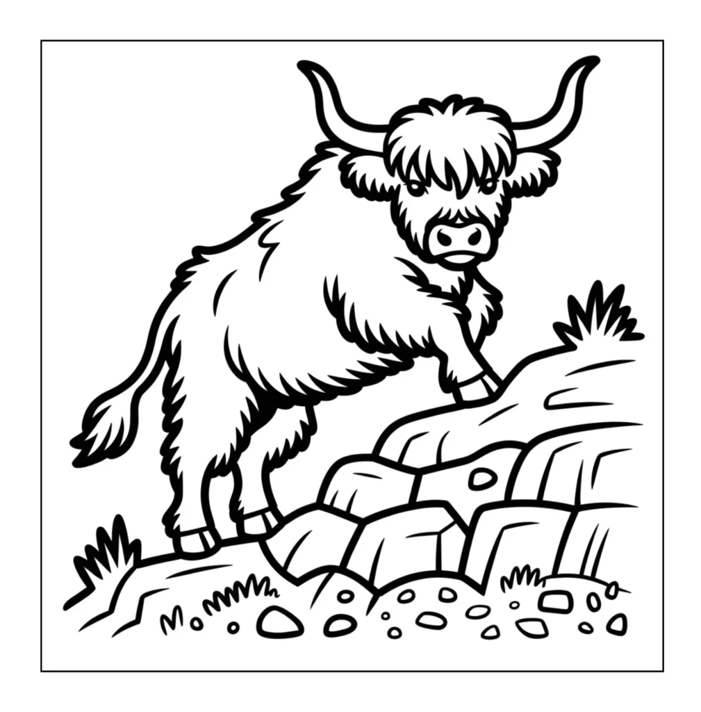 Fluffy cow climbing on rocky ground.