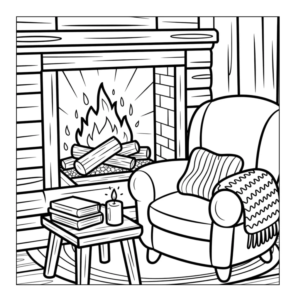 Cozy armchair near a burning fireplace.
