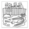 Crocodile resting near water with visitors.