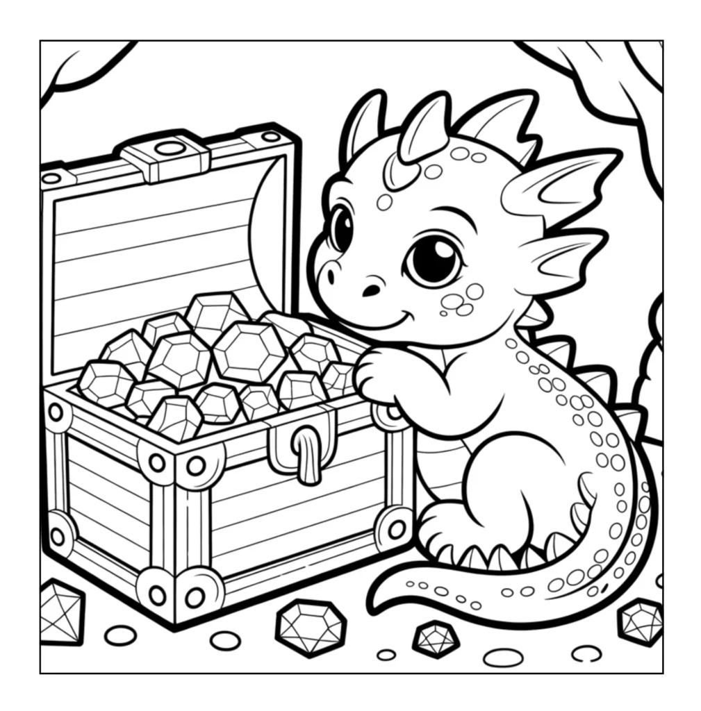 Baby dragon with treasure chest.