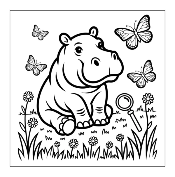 Baby hippo sitting among flowers and butterflies.