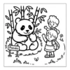 Panda eating bamboo with kids waving.