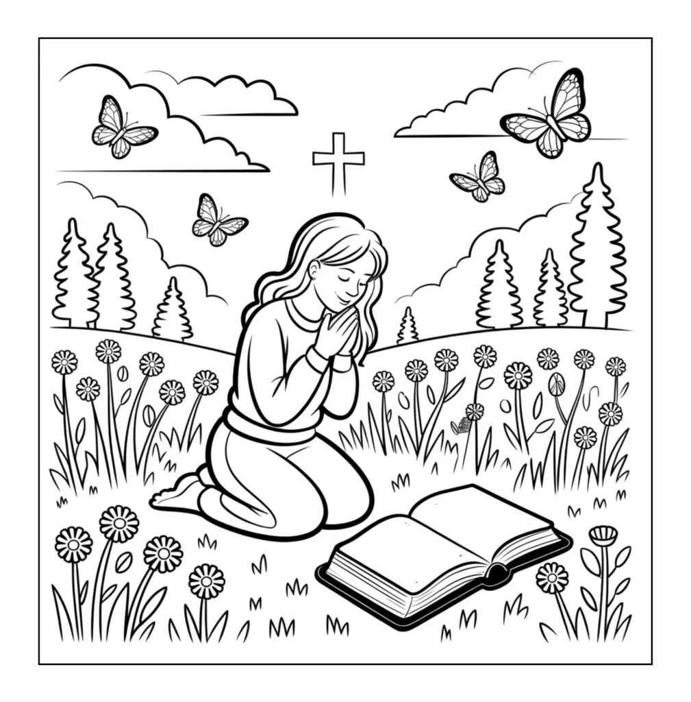 Young girl praying outdoors in field.