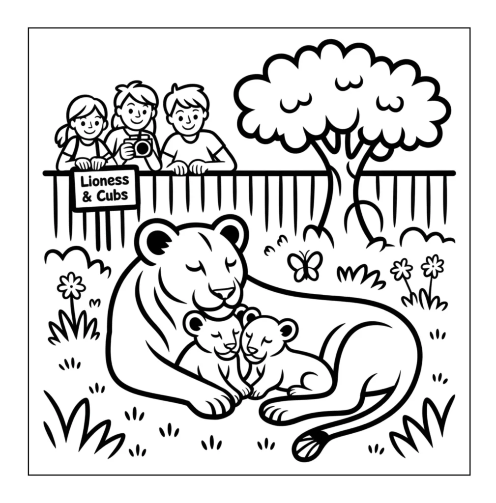 Lioness resting with cubs at zoo.