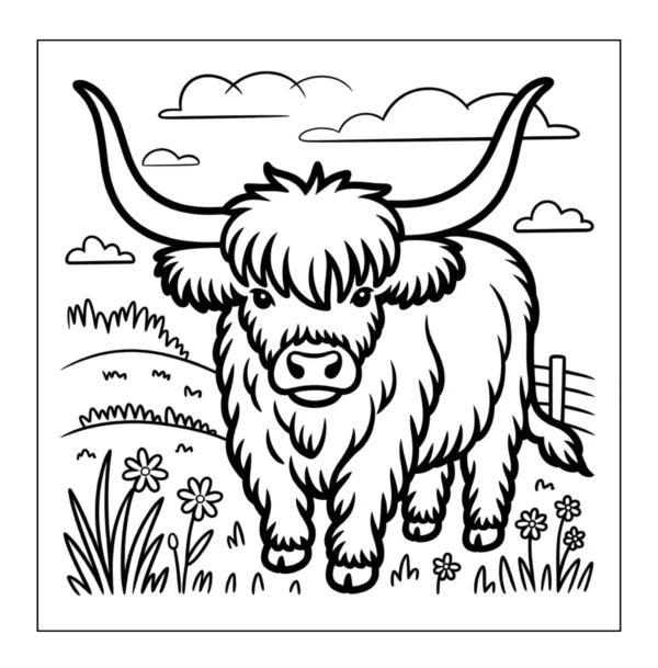 Fluffy cow standing in green meadow.