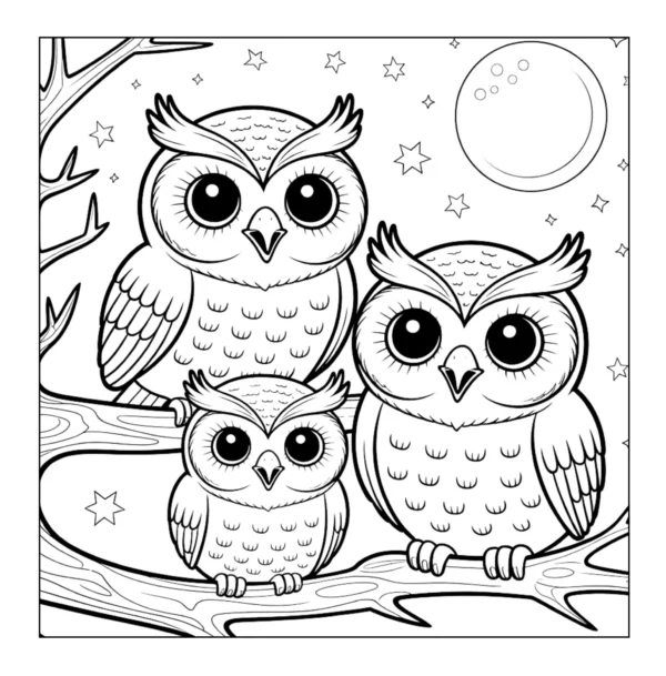 Three cute owls at night.