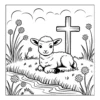Peaceful Meadow Lamb Cute lamb resting near wooden cross.