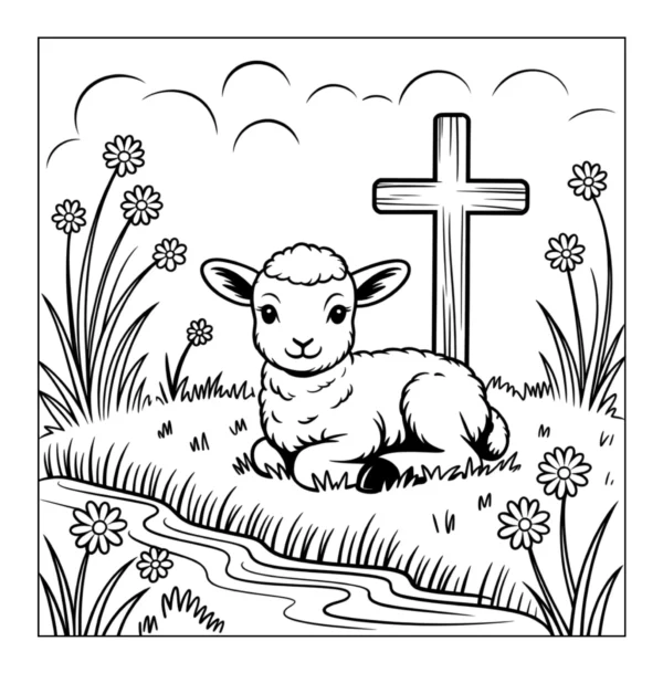 Peaceful Meadow Lamb Cute lamb resting near wooden cross.