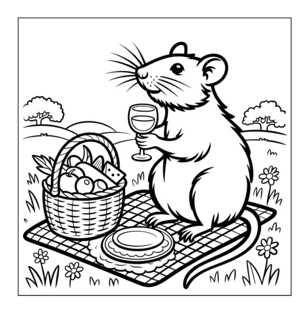 Mouse holding wine glass at picnic.