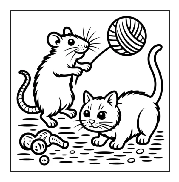 Mouse playing with cat and yarn.