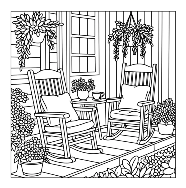 Two rocking chairs on wooden porch.