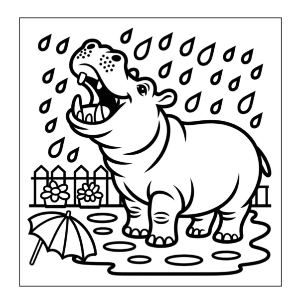 Happy hippo enjoying rain and puddles.