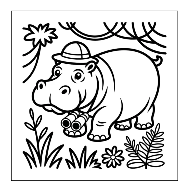 Hippo wearing safari hat and holding binoculars.