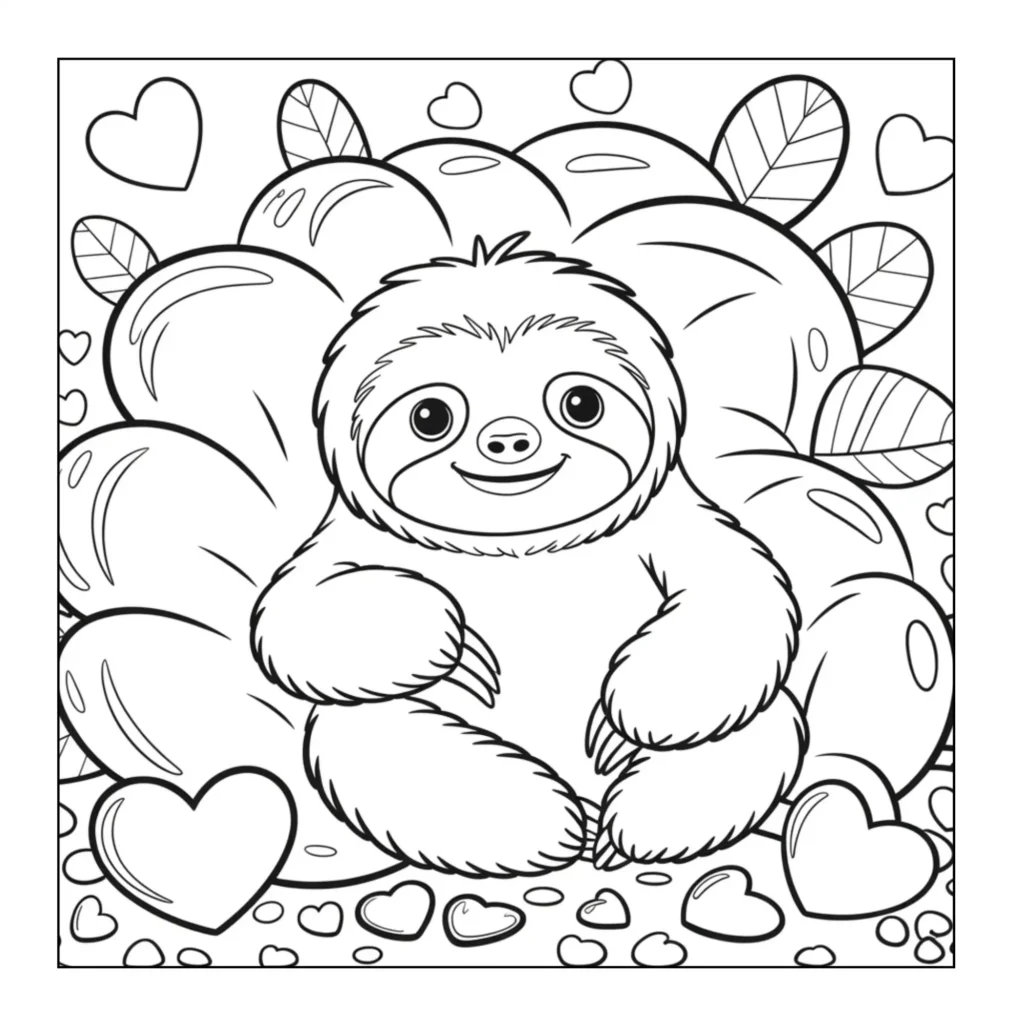 Smiling sloth surrounded by hearts and leaves