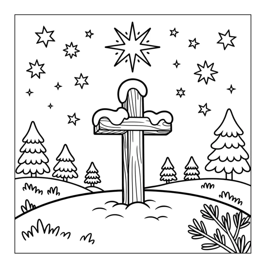 Wooden cross in a snowy landscape.