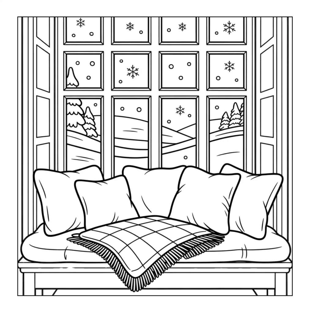 Window seat with pillows and snow.